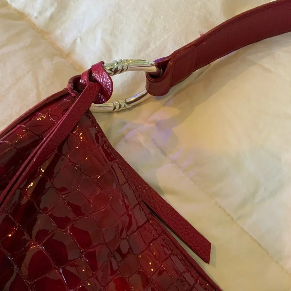 Brighton Red Crocodile-Embossed Patent Leather Large Hobo Shoulder Women's Bag